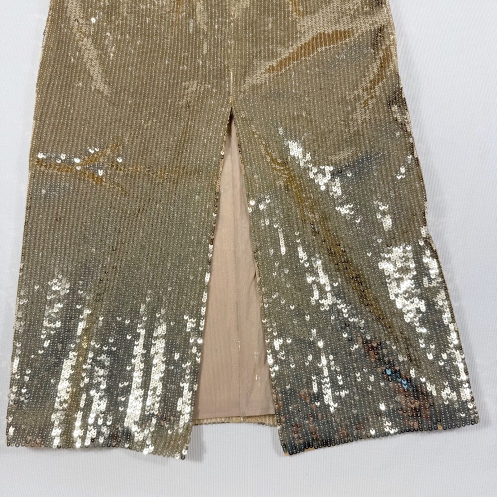 Alice + Olivia Sequin Maxi Dress Gold V-Neck Slit Gala Sparkle Glam Statement - Picture 10 of 16